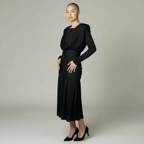 Vintage 1980s Claraluna Originals Dress Sz Small Black Coffin Pleat Vamp Disco - Picture 2 of 13